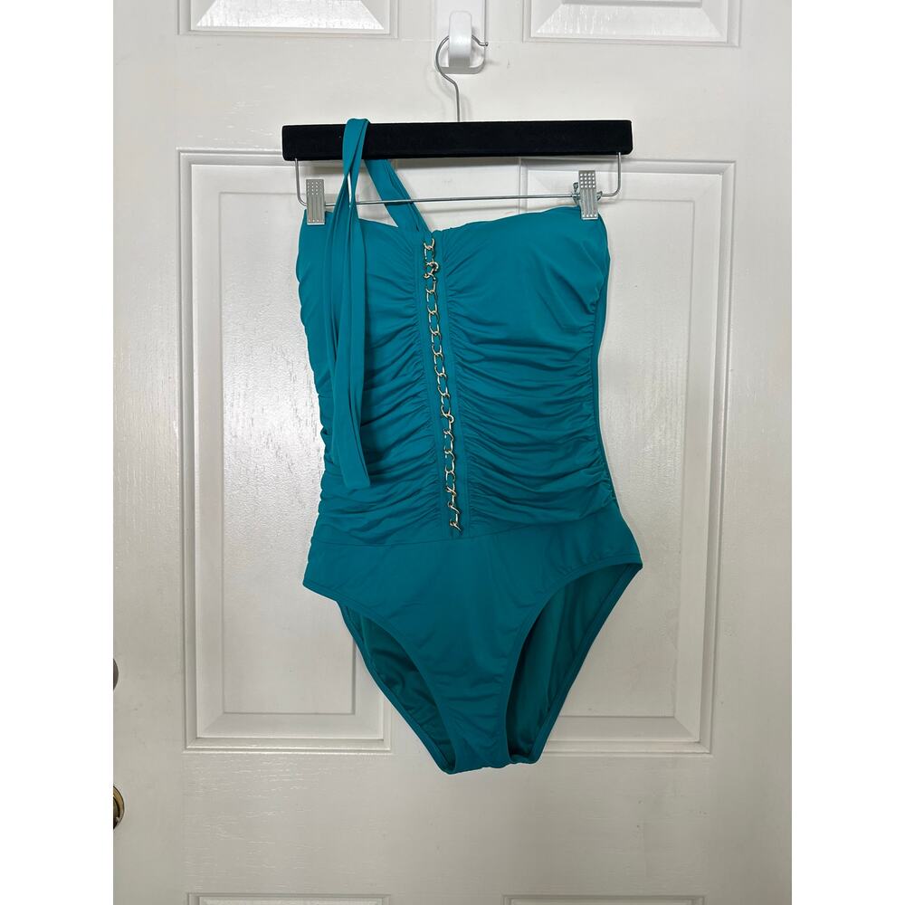 Lilly Pulitzer Swimsuit Women's Size 10 Emmett One Piece Halter Teal Ruched - Picture 2 of 7